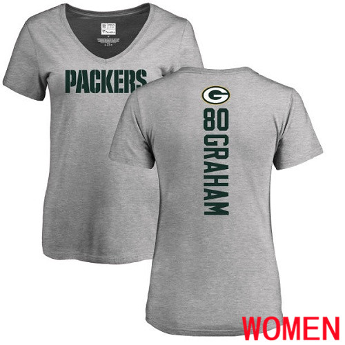 Green Bay Packers Ash Women #80 Graham Jimmy Backer V-Neck Nike NFL T Shirt->nfl t-shirts->Sports Accessory